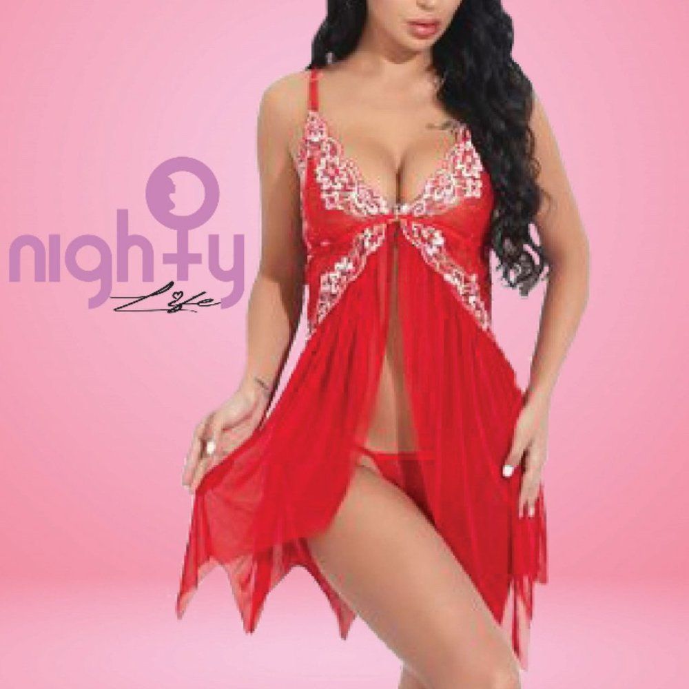Split Red Floral Babydoll Lingerie